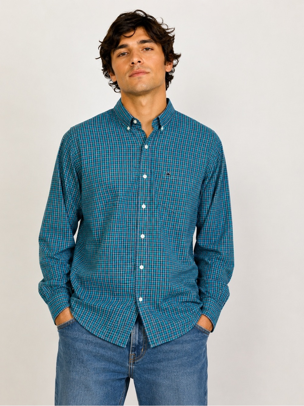 Crown & Ivy Men’s Green and Navy Blue Casual Button Down Shirt Size Medium